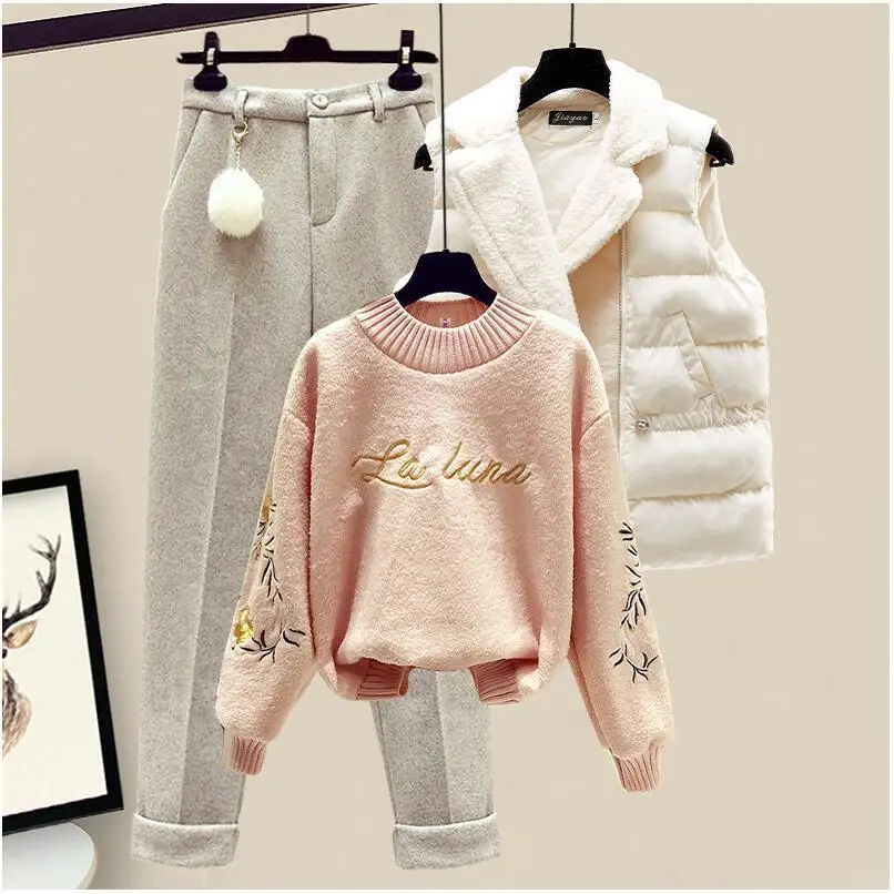 Rompi jaket katun tebal, Sweater lengan panjang rajut, celana wol tiga potong elegan, Sweater Set