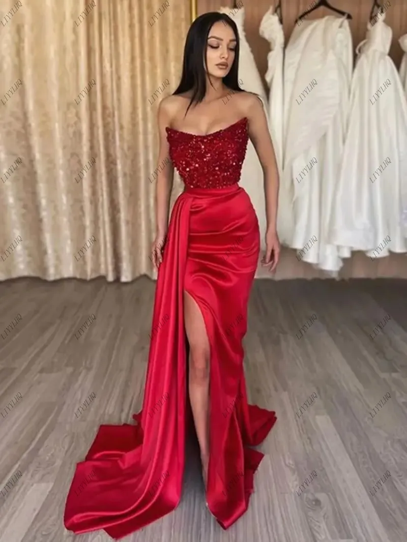 

LIYYLHQ Mermaid Red Formal Prom Dresses Strapless Sleeveless Arabic Dubai Side Split Floor Length Evening Party Robes De Soirée