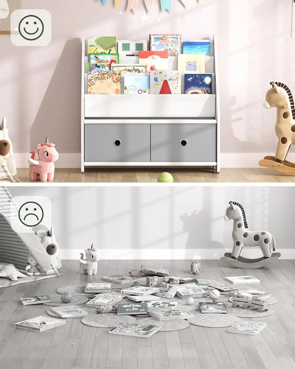 4-Tier Kids Bookcase with Toy Storage, Large Capacity Sling Organizer for Nursery Playroom