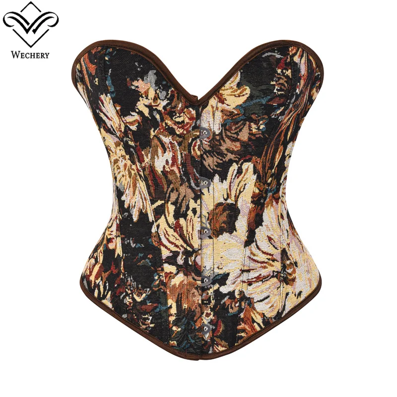 

Brown Corset and Bustier Women Short Tops Sleeveless V Neck Bodice Gothic Cowboy Camis Retro Floral Skinny Corselet Blouse