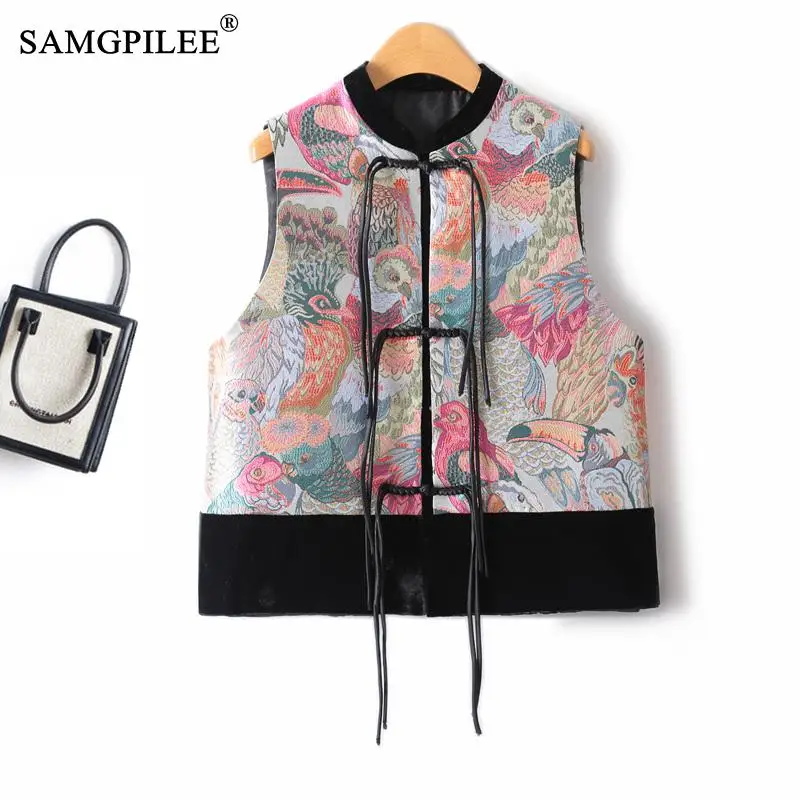 

Chinese Style Women Vest Clasp Ink Painting Thickened Cotton Warm Stand Collar Stitching Velvet Cotton Sleeveless Jacket Women