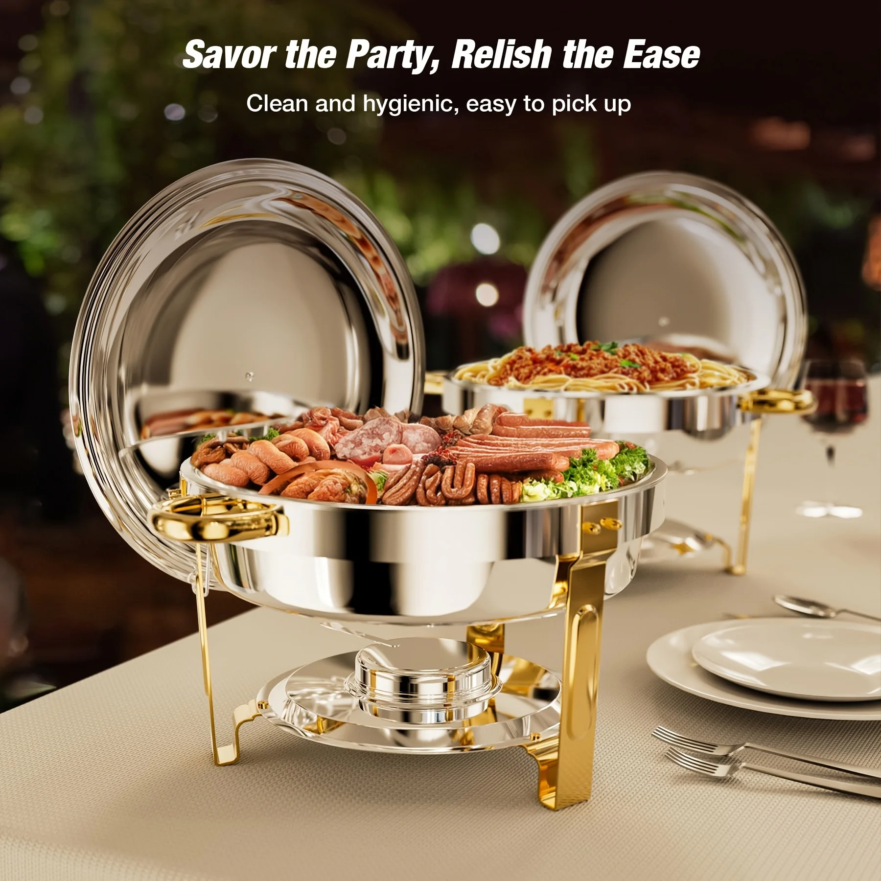 

SucceBuy Chafing Dish Buffet Set Stainless Steel Chafer w/4 Full Size Pan Round Catering Warmer Server for Party Banquets