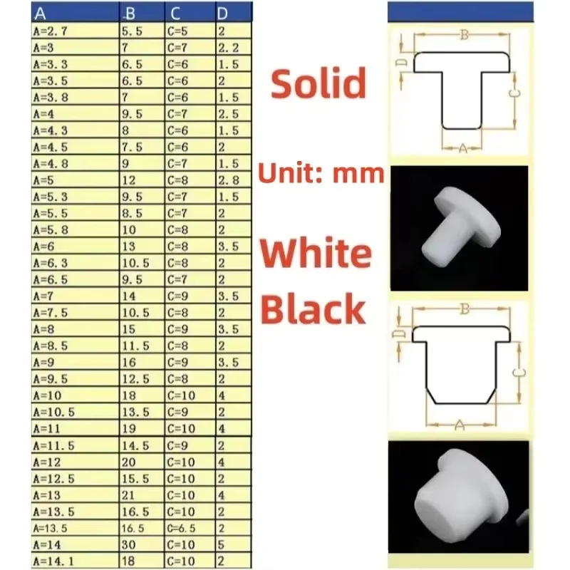 White/Black High-Temperature Resistant Silicone Plug 2.7mm-14.1mm T-type Solid Silicone Rubber Plug Rubber Stopper Protector