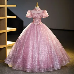 Vestido de quinceañera rosa de lujo, vestido de fiesta de cuello alto, manga abombada, vestido de baile clásico de lentejuelas, Vestidos personalizados