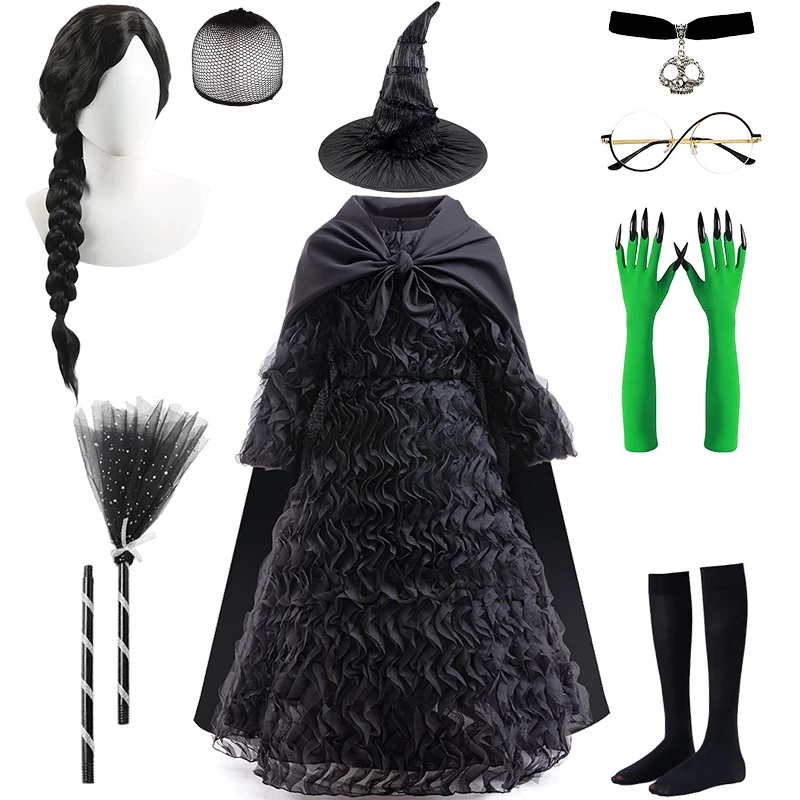 Fancy Girls Halloween Cosplay Wicked Witch Costume Black Ruffled Tulle Long Dress Carnival Party Masquerade Children's Costume
