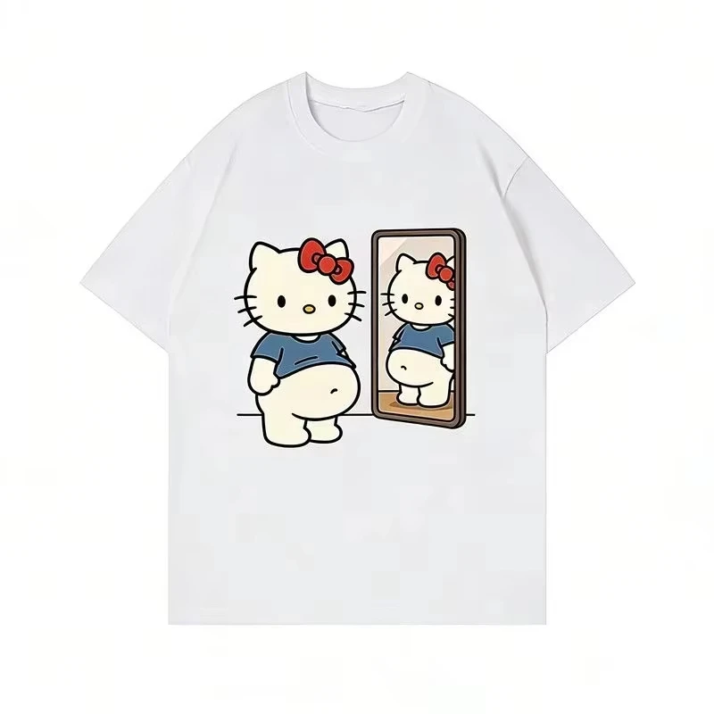2026 Hello Kitty Mirror Print T-Shirt for Women, Y2K Harajuku Style Short Sleeve Casual Streetwear Graphic Tee