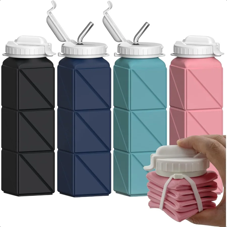 

4 Pack Collapsible Water Bottles with Straw 20.6oz Foldable Portable Leakproof Silicone Lightweight Reusable For Travel Camping