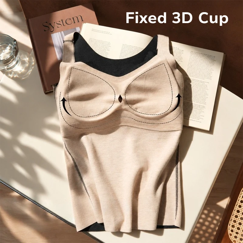 Women's Soft Wool Silk Thermal Vest with Built-in Bra Pad Lace Trim Warm Camisole No Bra Needed