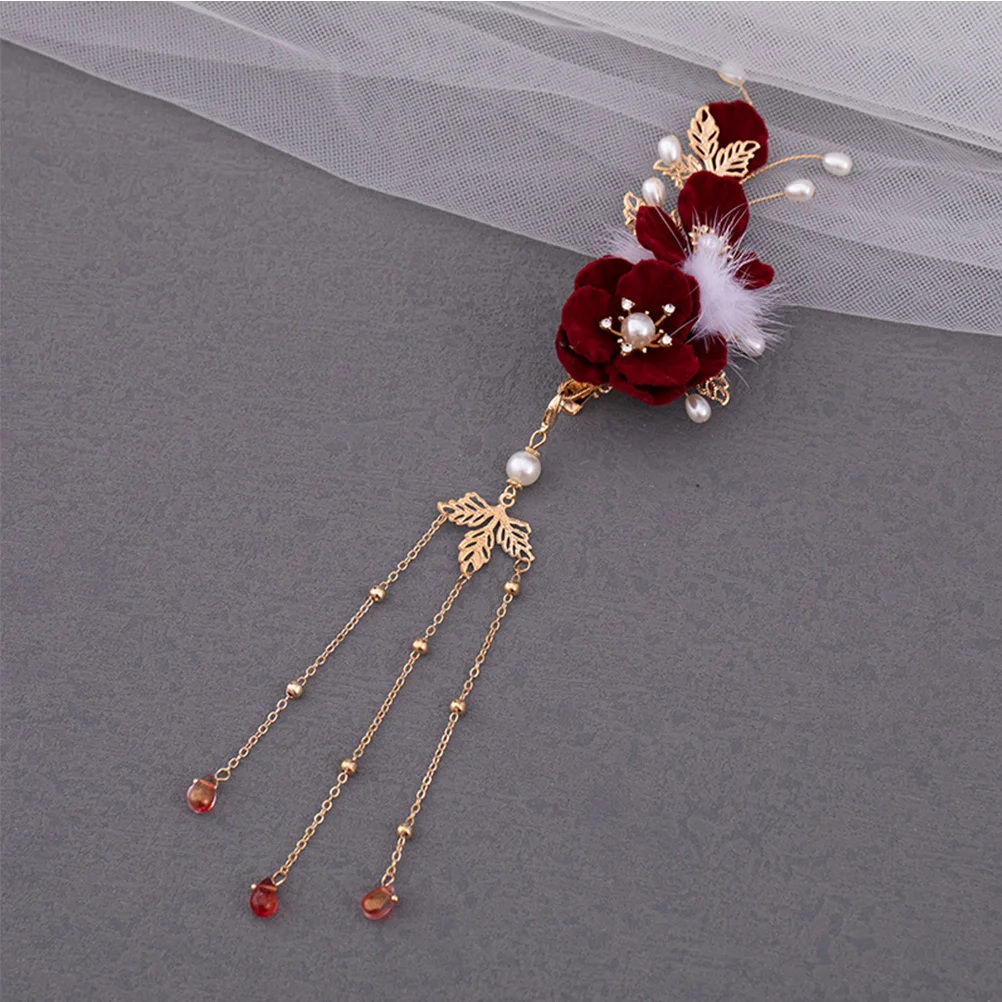 Grampo de cabelo flor vermelha profunda pendurado borla artesanato requintado embelezar cabelo gracioso temperamento doce acessórios chineses