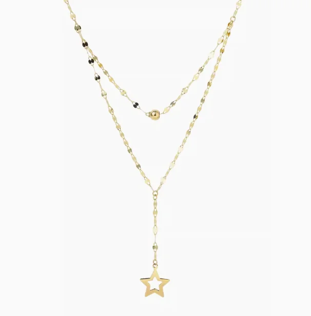 au750 jewelry real gold 18k chain necklaces for women fine gold double layer necklace gold star chains 1.3mm 42-45cm adjustable