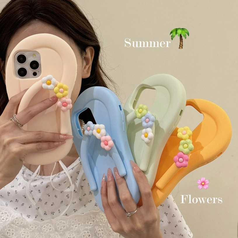 Cartoon Cute Flower Slipper Case for iPhone 15 14 13 12 Pro Max 15Pro Flip Flops Shoes Soft Liquid Silicone Shockproof Ins Cover