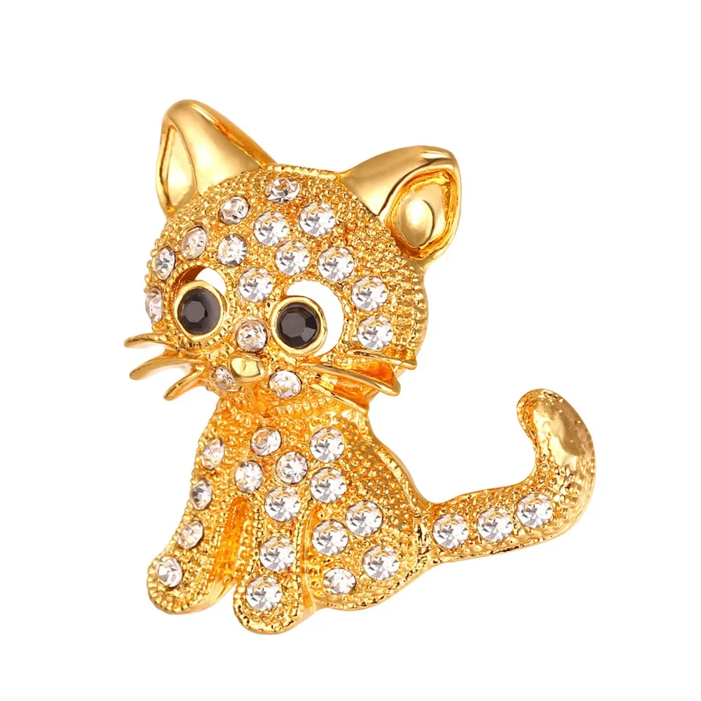 ChainsPro Cute Crystal Cat Pins Brooch Gold Color Animal Pet Brooches for Women Jewelry Gift for Cat Person Rhinestone Pin QC24