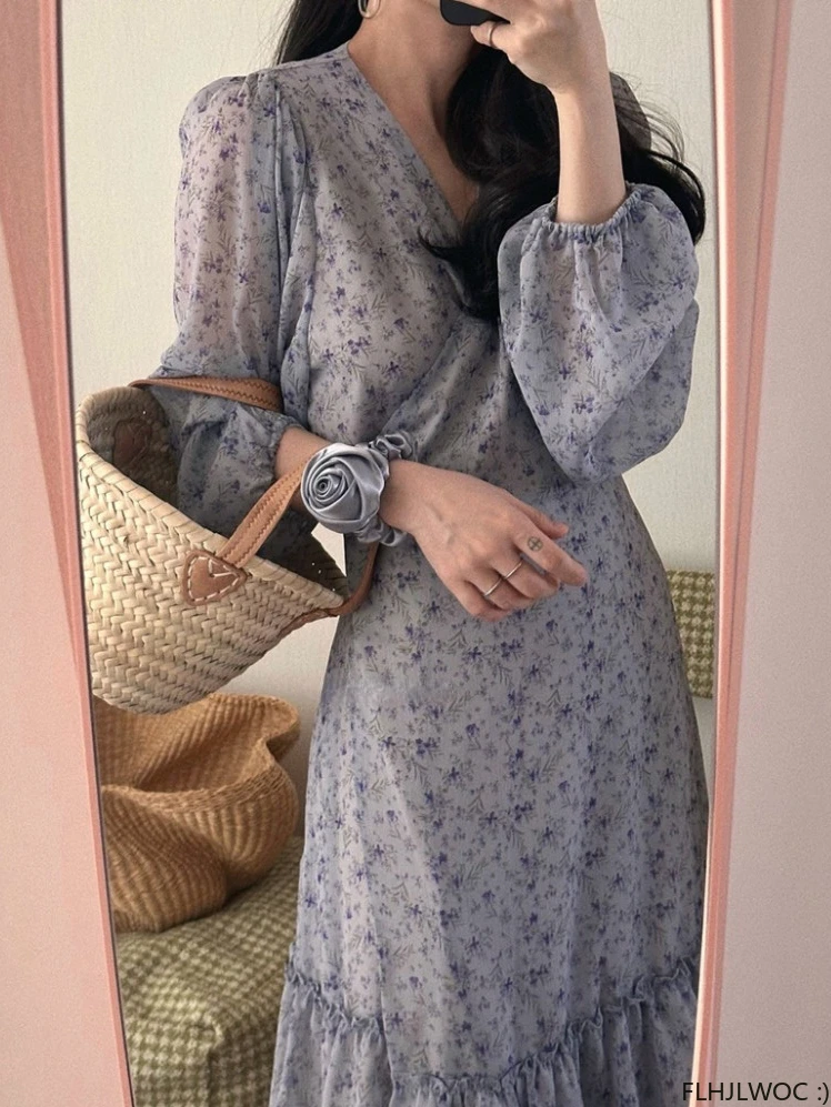 Feminine Vestidos Chic Korea Clothes Women Japan Girls Floral Robe Holiday Date Retro Vintage One-Piece Lace-Up Long Maxi Dress