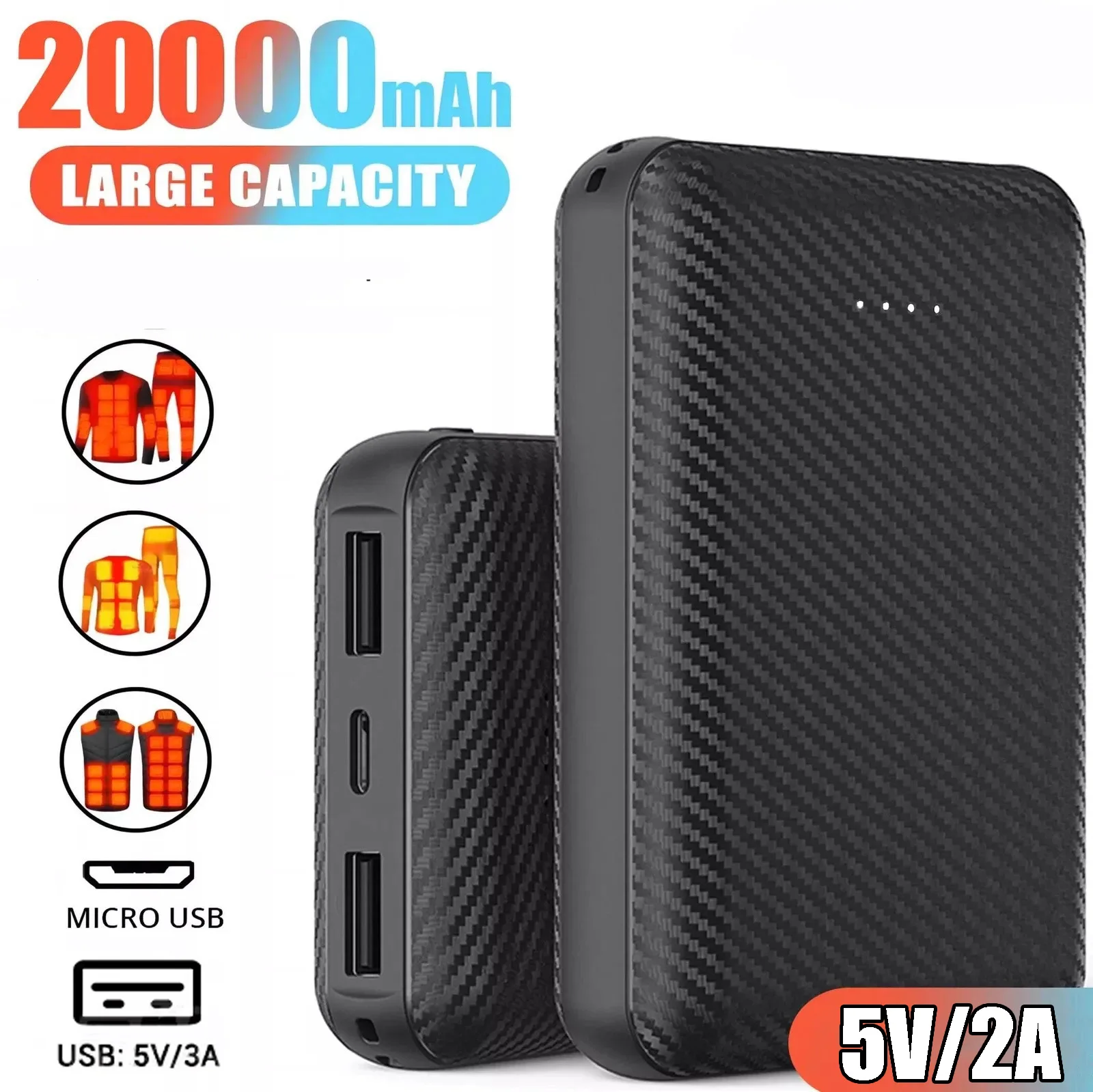 20000mAh Portable Power Bank Charger 5V 2A External Battery Fast Charging Suitable for Heated Vest Jacket Scarf Socks Gloves