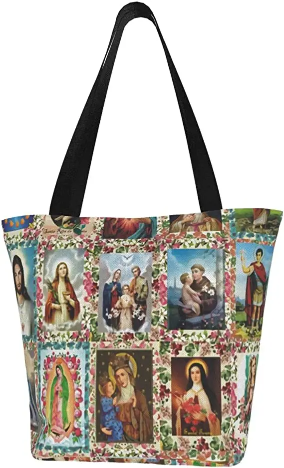 Catholic Saints Images Crew Reusable Tote Bag Women Large Casual Handbag Shoulder Bags for Shopping Groceries Travel Outdoors