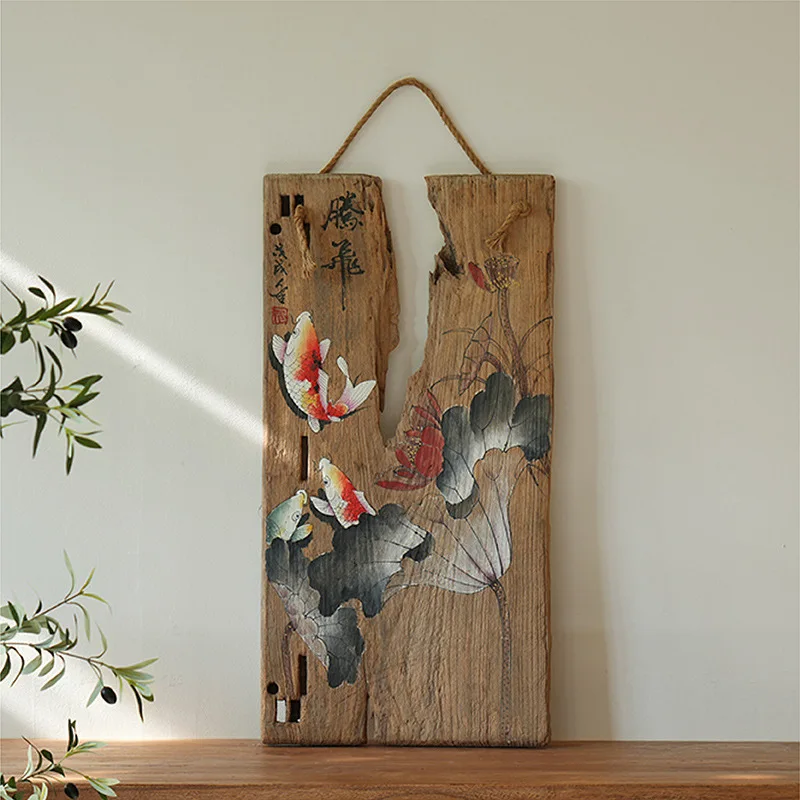Homestay hand-painted hanging paintings weathered wood retro painted board paint painting lotus carp  animal decorative painting