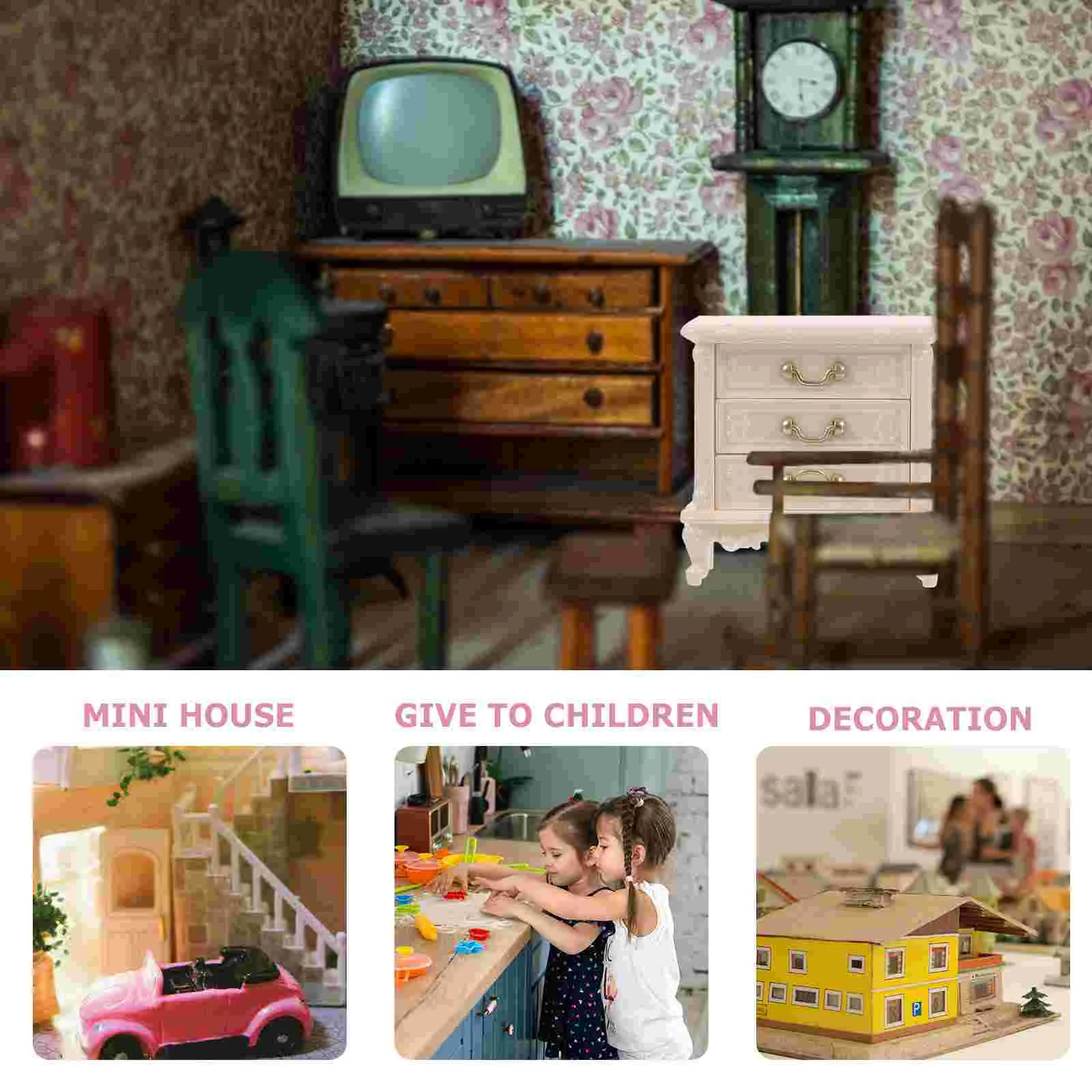 ของเล่นห้องนอนข้างเตียงของเล่นเด็ก Miniature ภูมิทัศน์ House Decor เฟอร์นิเจอร์สีขาวตกแต่งตู้ชั้นวางหนังสือ