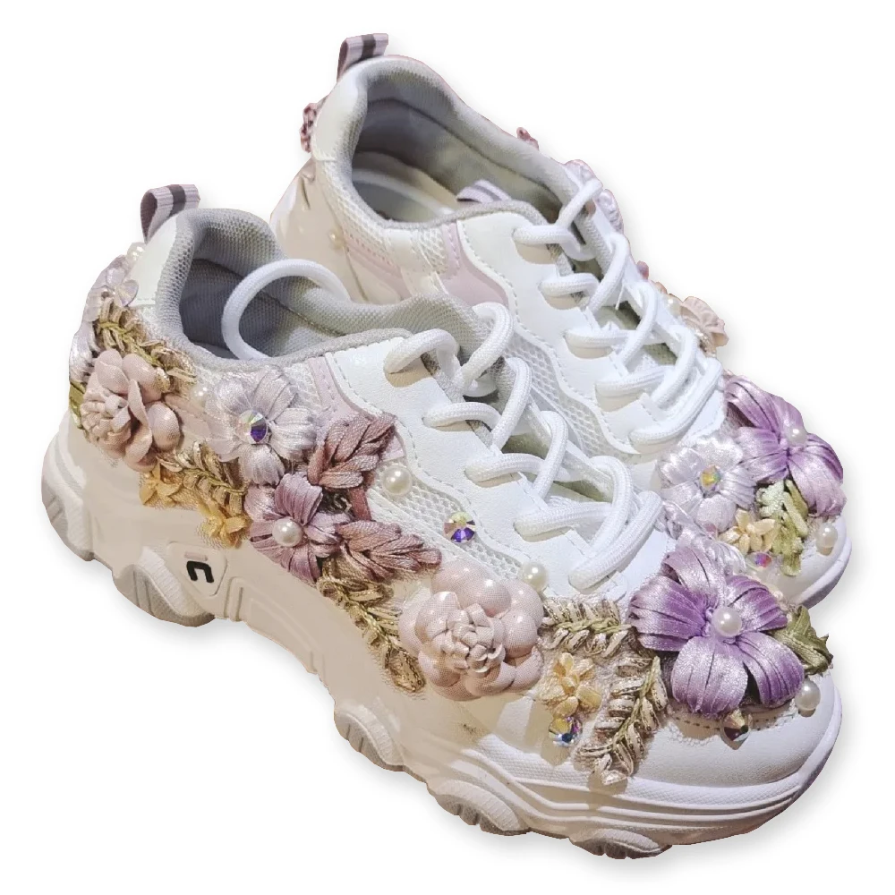 Fashion Platform Sneakers Women 2022 Spring Autumn Breathable Mesh Casual Chunky Woman Shoes Female New Fashion Flower Handmade