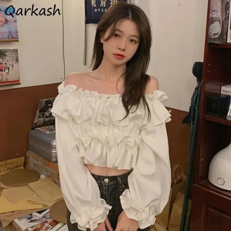 

Slash Neck Blouses Women Crop Tops Temper Ruffles Solid All-match Fashion French Style Soft Casual Spring Chic Streetwear Simple