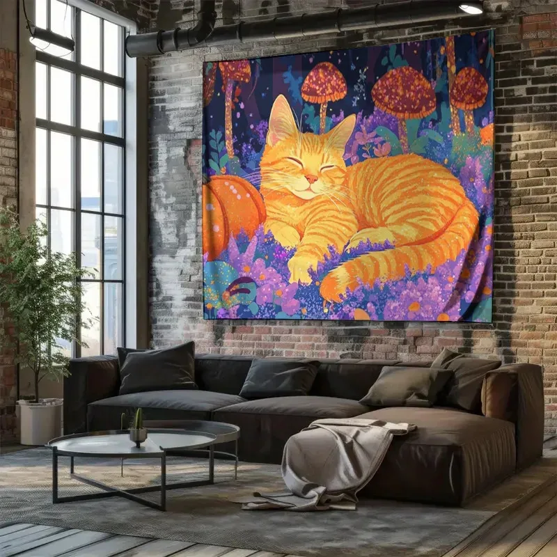 VIKAMA Dream Forest Cat Wandteppich, Instagram-inspiriertes Schlafzimmer-Kopfteil, stimmungsvoller dekorativer Hintergrund, Raumdekoration