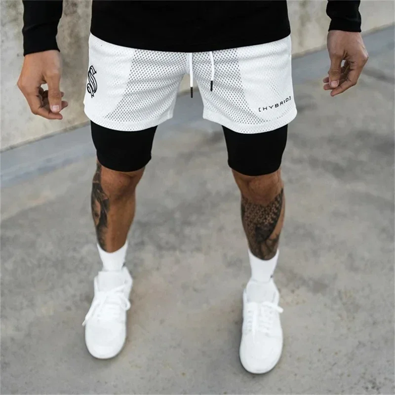 2024 summer mesh Sports Shorts Men Double-deck Jogging Running Shorts Men 2 IN 1 Mens GYM Shorts Fitness Workout Short Pants Man