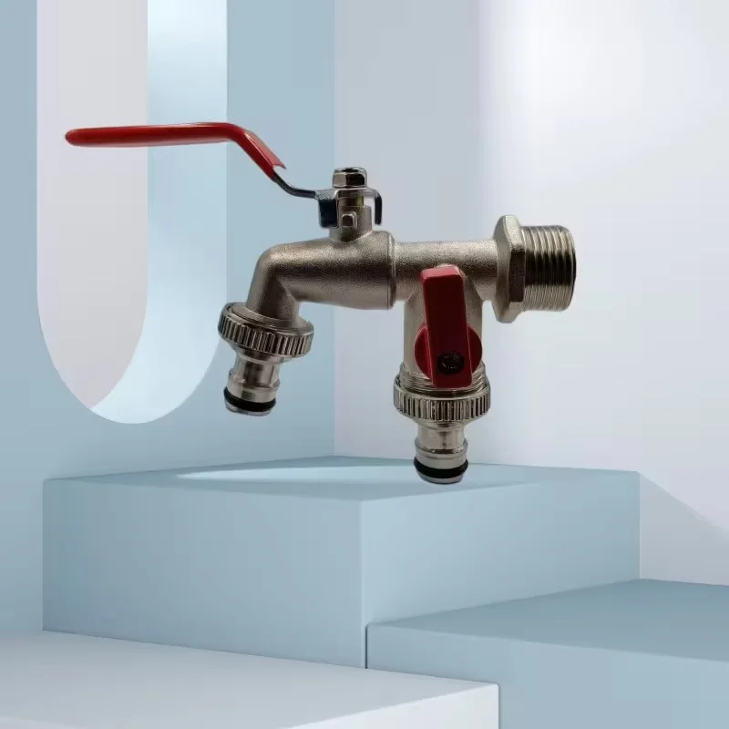 1Set 1/2 inch zinc alloy garden water pipe with red handle-double outlet, including sealing ring and raw material belt