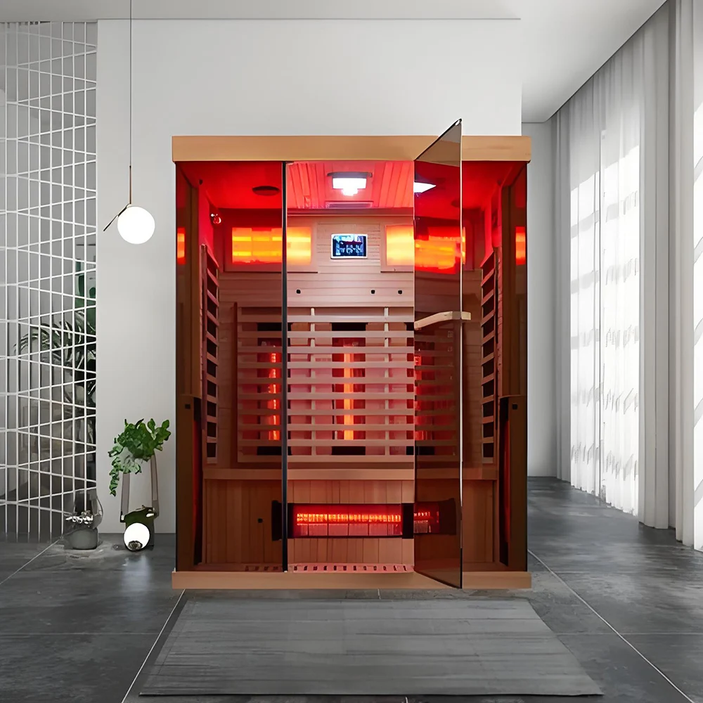 Sala de sauna interna sofisticada e luxuosa de infravermelho distante com experiência de sauna premium de vidro temperado