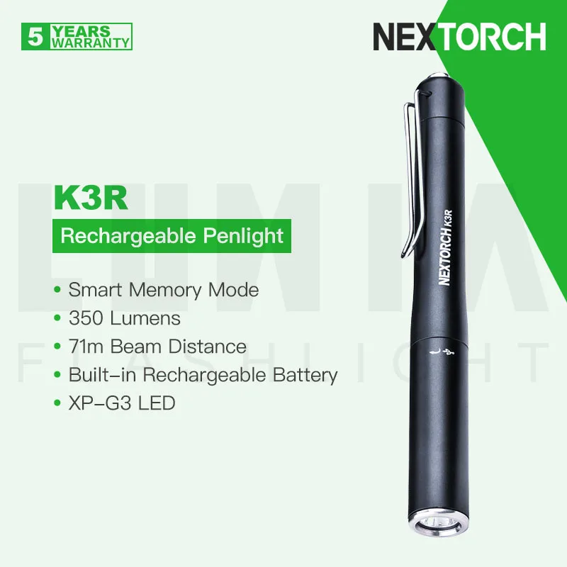 

Nextorch K3R Multipurpose Penlight/Flashlight, Type-C Rechargeable, 350 Lumens, Smart Memory, Window Breaker for Emergency, EDC