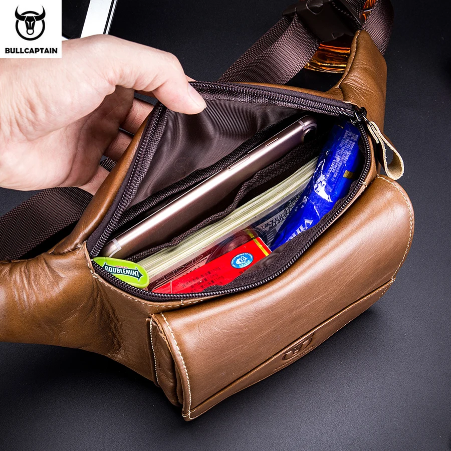 BULLCAPTAIN Crazy Horse tas pinggang pria, tas pinggang, tas bahu dada kecil, Tas Pinggang ponsel, tas kulit kuda gila YB075