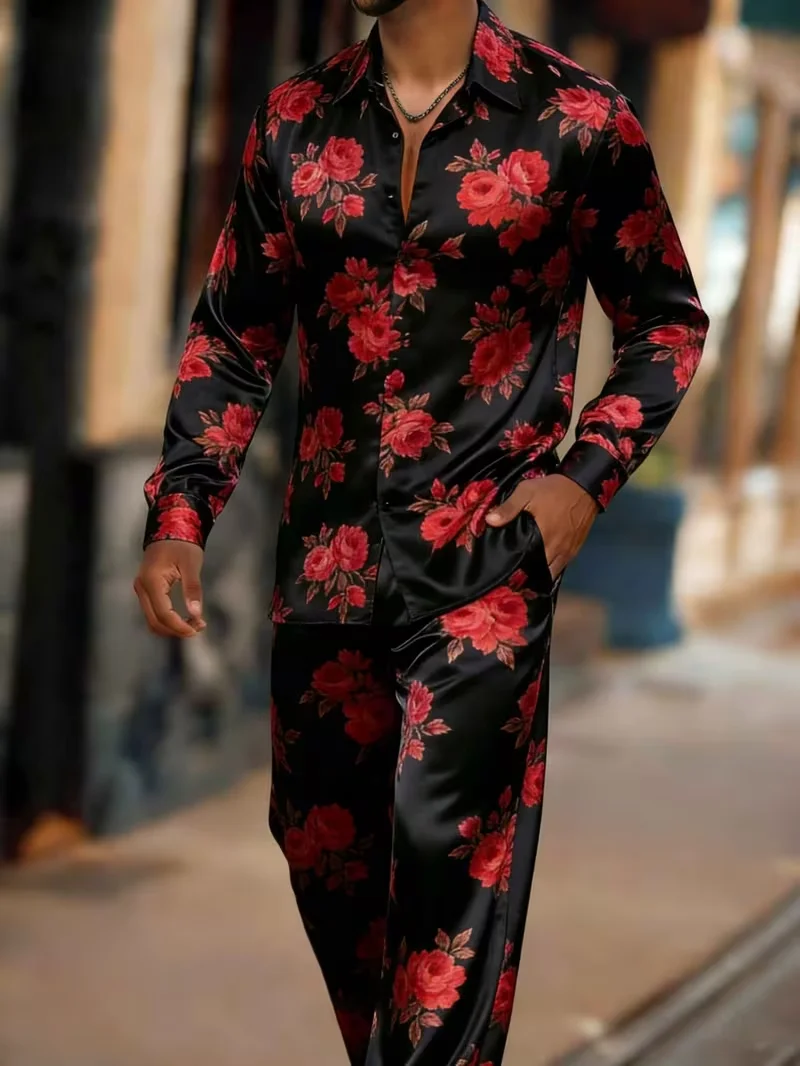 New brown rice gold checkerboard long sleeved set, retro light luxury men's shirt long pants two-piece set view 5