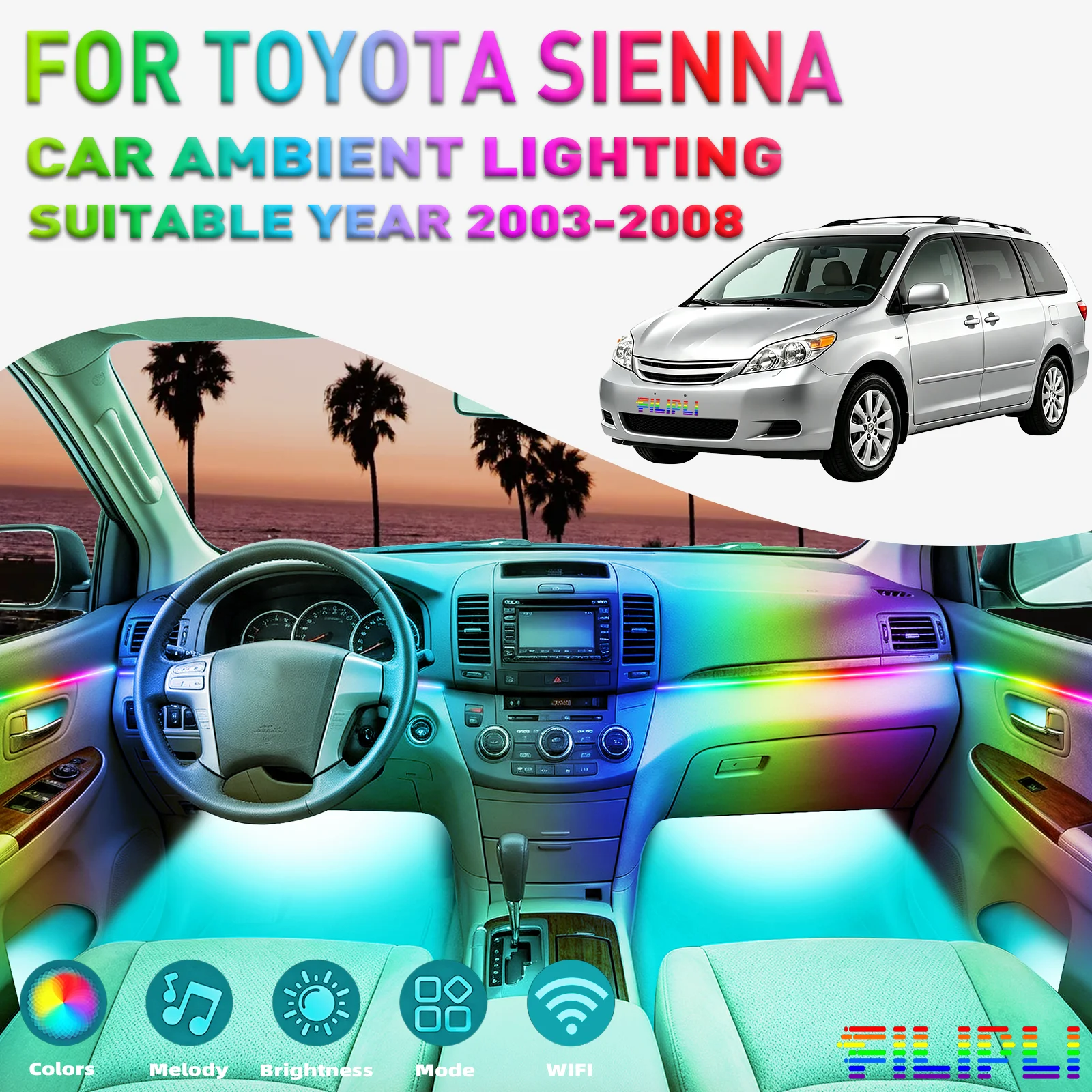 For TOYOTA Sienna 2003‑2008 18 Lights Kit 256 Colors DREAMCOLOR 18 in 1 Hidden Acrylic LED Strip Gradient Multicolor Neon Light Strip Soft Glow Cabin Lighting DIY Interior Custom Decor Supplies Premium Van Interior Upgrade Kit
