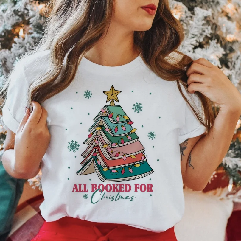 Camiseta de Natal estampada com decote em O feminino, árvore de Natal, toda reservada, fofa, anos 90, feliz ano novo, moda casual, camiseta gráfica