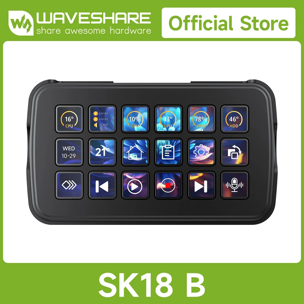 Waveshare SK18 Multi-Functional AI Voice Control Panel, Onboard 18 × membrane LCD Macro Keys, Supports Linux + QMK Dual-system