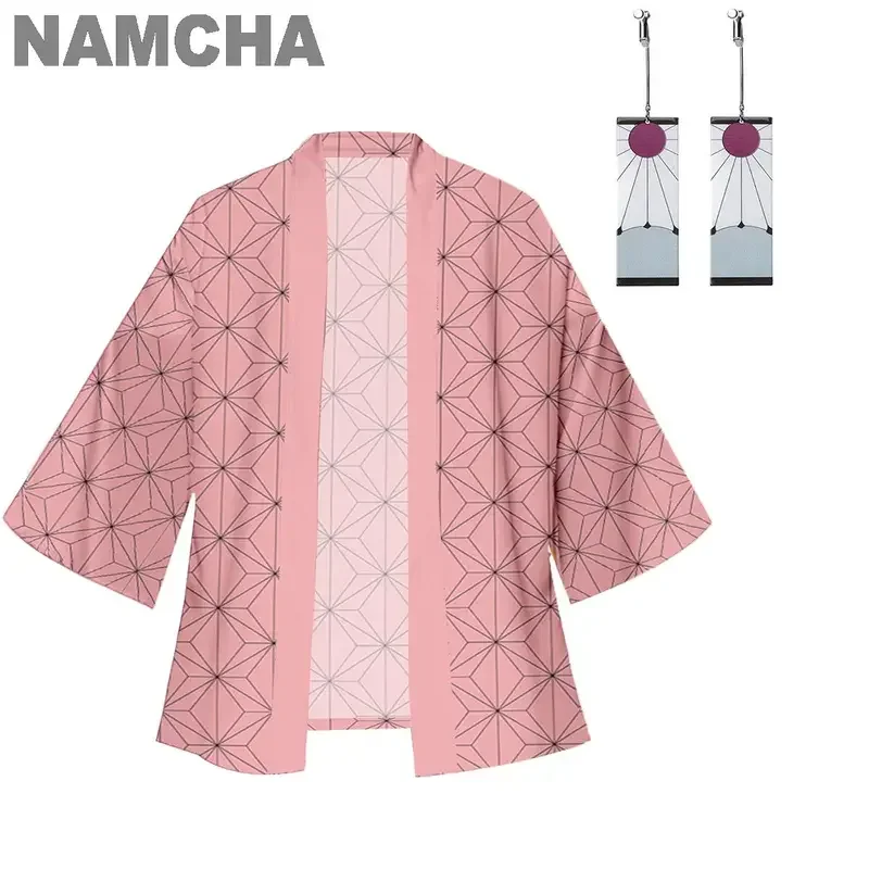 Anime Kamado Tanjirou Costume Cosplay Kamado Nezuko Giyuu Tomioka Kimono mantelli giacca Cardigan con clip per l'orecchio