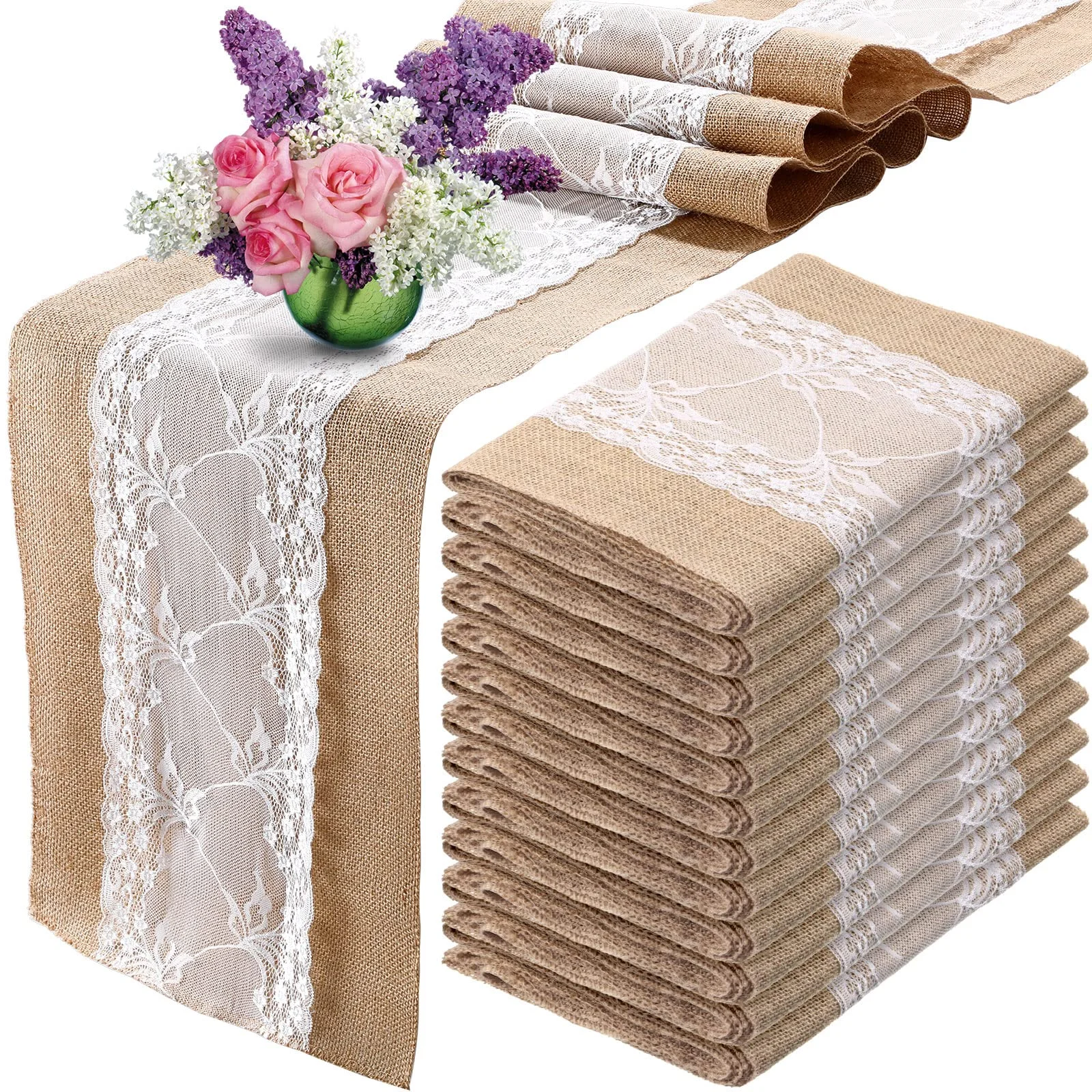 Chemins de table en toile de jute avec dentelle blanche, nappe de mariage rustique, nappe romantique vintage pour hôtel, décor de fête à la maison