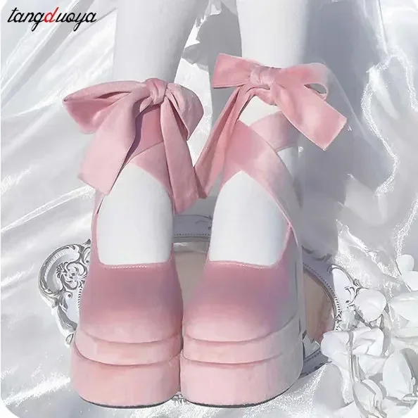 

Suede Butterfly Knot Pumps Women Sweet pink Mary Jane Shoes Cross Strap Thick Heel Shoes Ladies Elegant Dress party Pumps 2024