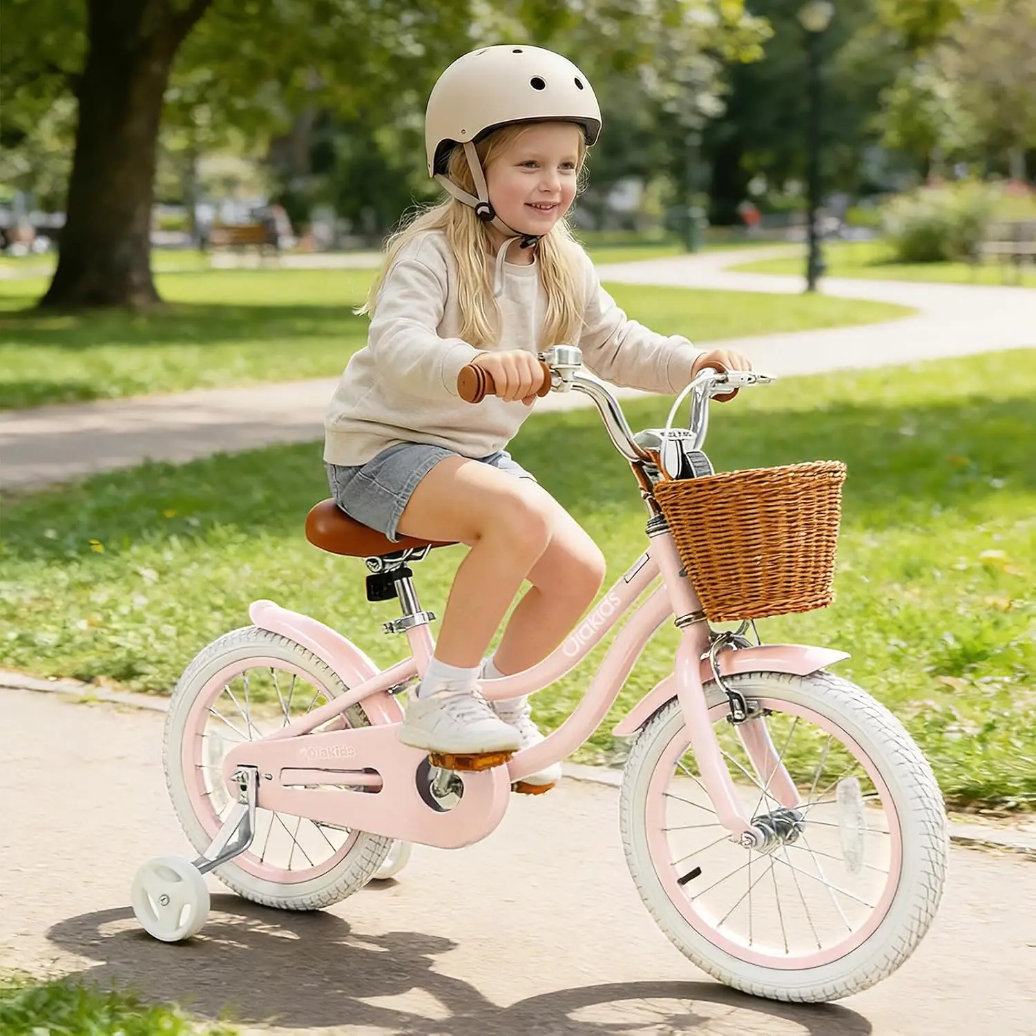 Kids Bike for Toddlers, 12 14 16 18 20 Inch Children's Bicycle with Training Wheels, Rattan Basket, Dual Brake, Adjustable Seat and Handlebar for Girls and Boys