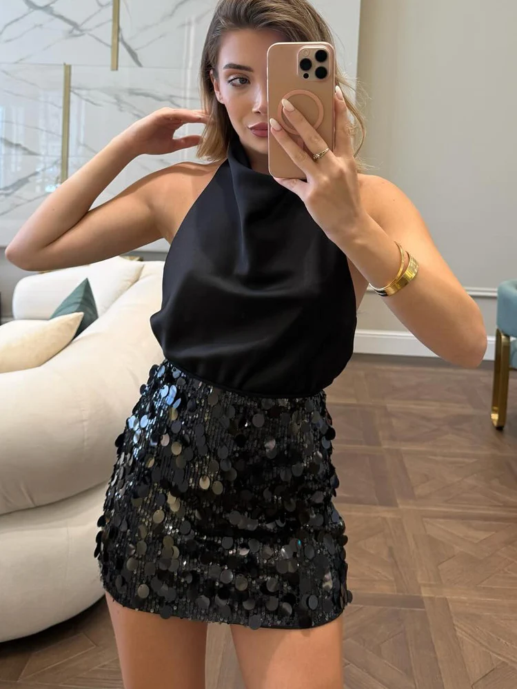 HH Elegant Women Solid Sequined Slim Mini Skirt 2025 Sparkling Party Style Skirt Female Sexy High Waist Short A-Line Skirt
