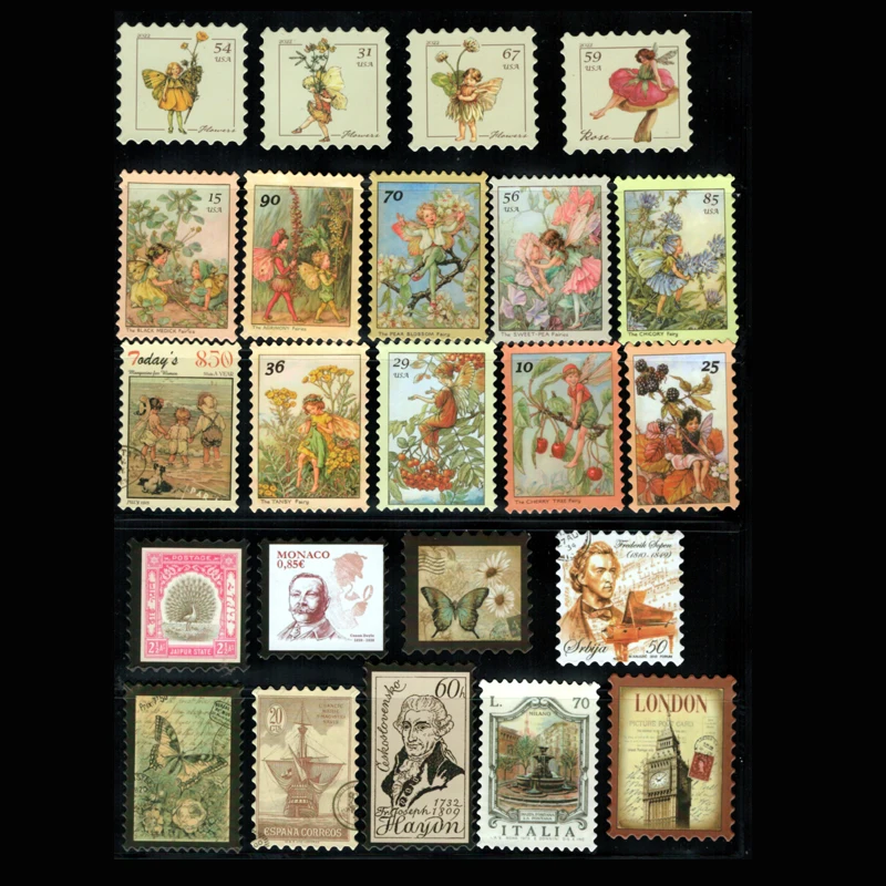 10/20/50PCS Vintage Stickers Retro Postage Stamp Style Diary Planner Decorative Scrapbooking Stickers Craft Stickers Kids Toys