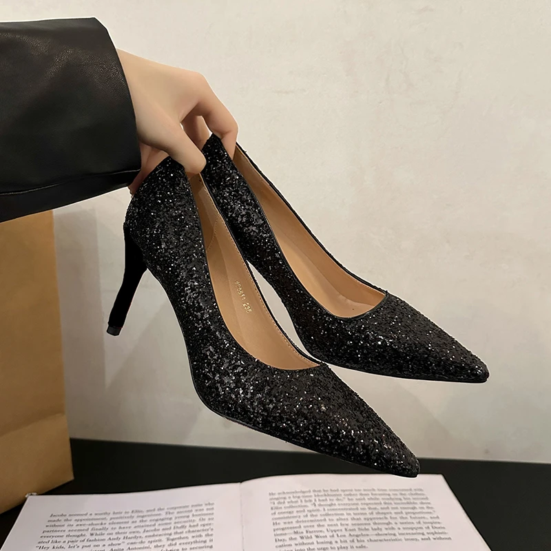 Women's 7 cm 9 cm Ladies High Heels Black Sequined Sexy Pointed Stiletto Fashion Party Shoes Simple Temperament Single Shoes