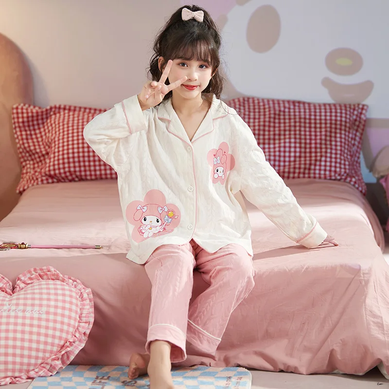 

Sanrio Spring and Autumn Kuromi Cinnamoroll Pajamas Lapel Long Sleeve Cotton Girls Cardigan Princess Style Home Clothing Gift