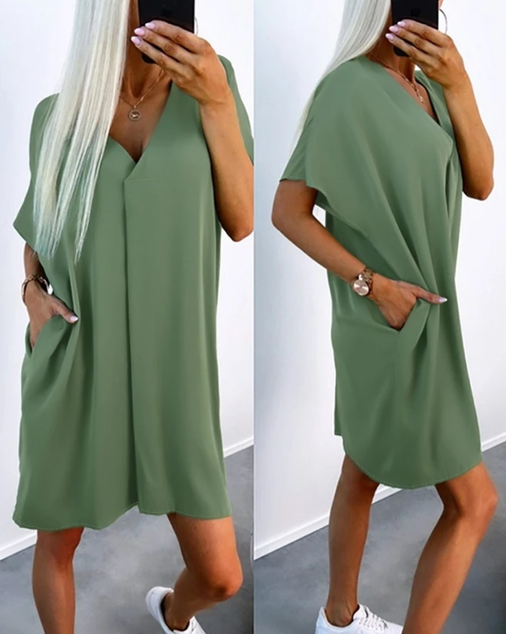 

Women's Dress Pocket Design V-Neck Casual Mini Dress 2024 Spring/Summer Latest Casual Short Sleeve Solid Color Short Skirt