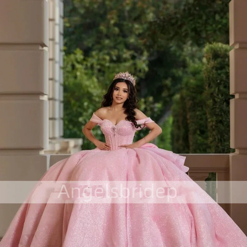 

Angelsbride Princes Pink Ball Gown Quinceanera Dresses Tiered Off Shoulder Beading Sweet 16 Dress Vestido De 15 Anos Lace-Up