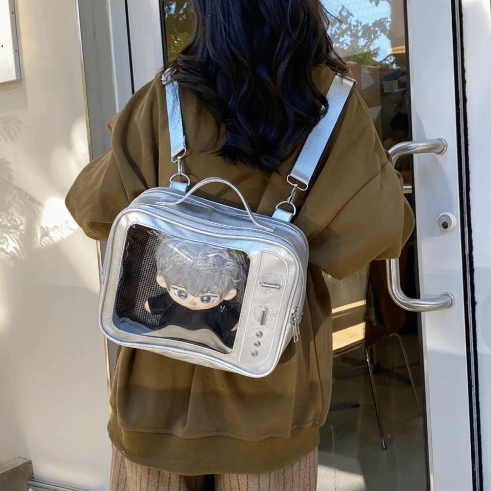 Cute PU TV Model Backpack Large Capacity Ulzzang Transparent Layer Ita Bag Hand-held Display Layer Shoulder Bag DIY