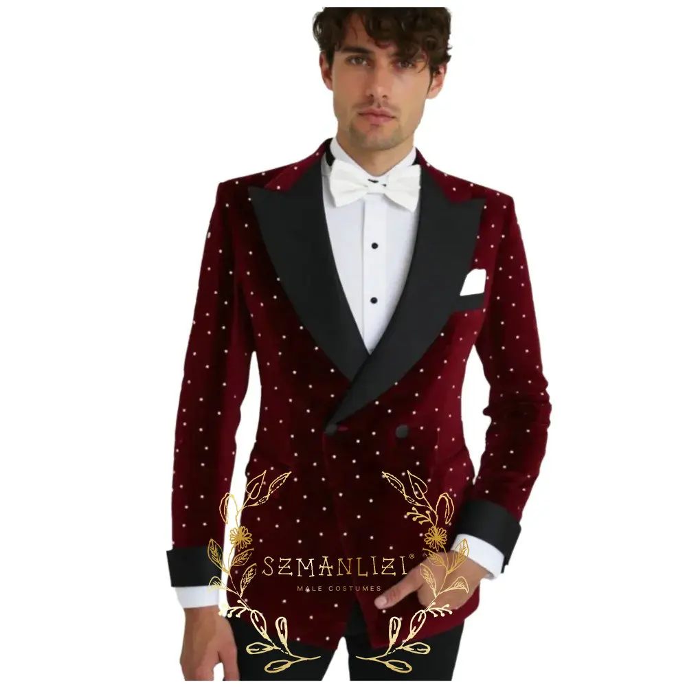 

Luxury Burgundy Velvet Beaded Men Suit Set Evening Dinner Formal Double Breasted Blazer Pant 2 Pcs Wedding Groom Slim Fit Outfit