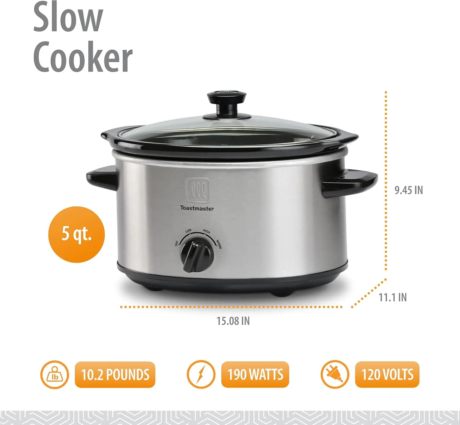 طباخ بطيء من الفولاذ المقاوم للصدأ ، 5 كوارت