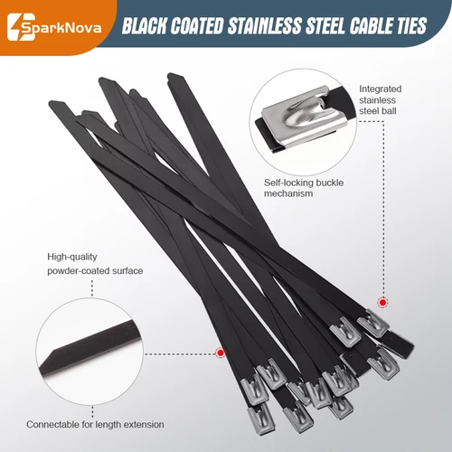 Imagen 2 del producto 10-100 Uds. Bridas para cables de Metal negro de acero inoxidable, bridas con cremallera de Metal de 4,6mm, bridas para cables de bloqueo de alta resistencia para encuadernación de tubos de escape
