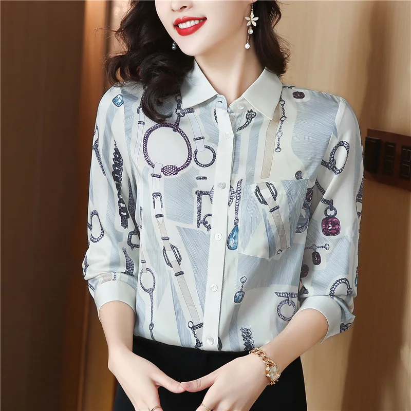 

Unique Clothing White Printed Shirt Women Early Spring New High-End Mulberry Silk Blouse