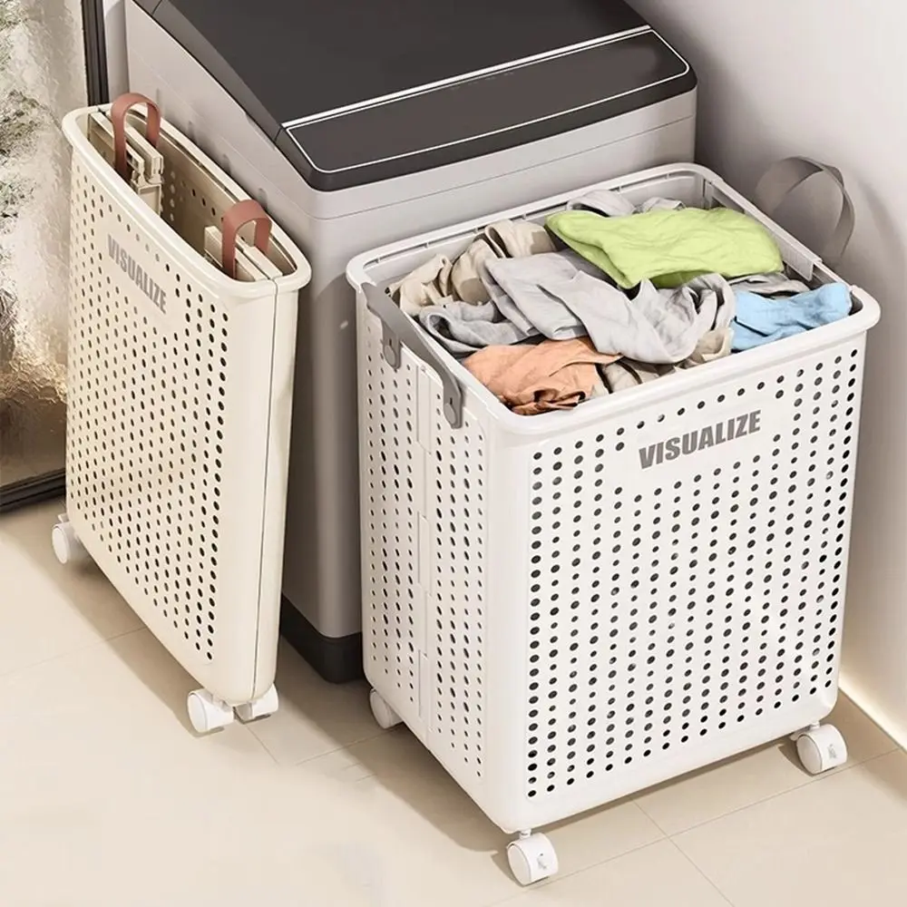

Plastic Wheeled Folding Laundry Basket Space Saving Large Capacity Folding Dirty Clothes Basket with Wheels Ventilated