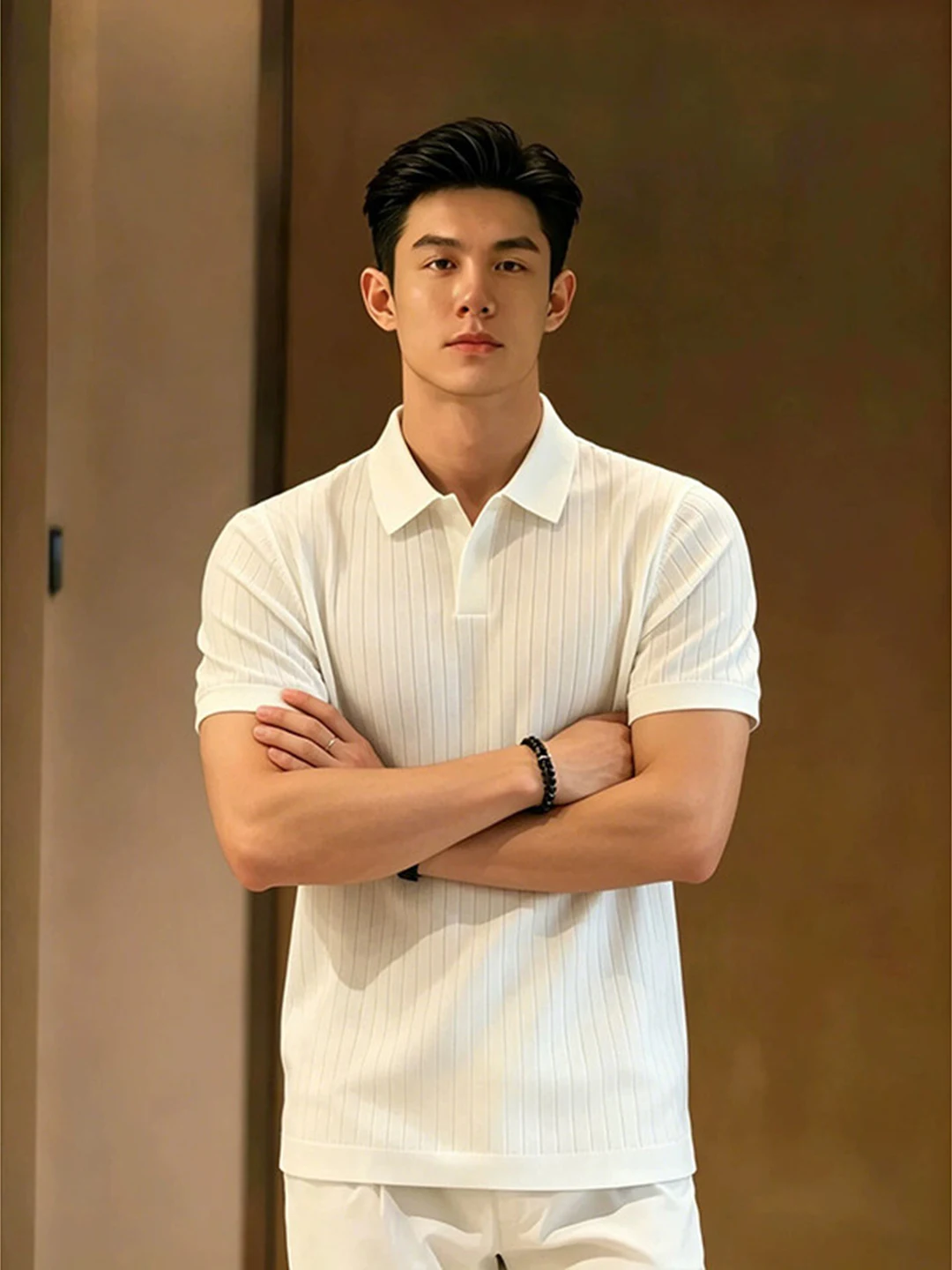 White Stripe Knitted  Shirt Short Sleeve Men's Style Summer High End Feeling Handsome Shoulder Old Money Wind T-Shirt